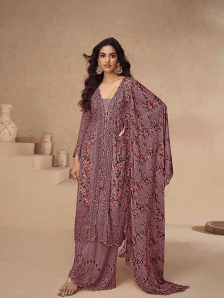 Mauve Chinon Mirage Suit with Beautiful Embroidery Work for Parties