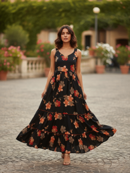 Georgette Printed Black Maxi Dress