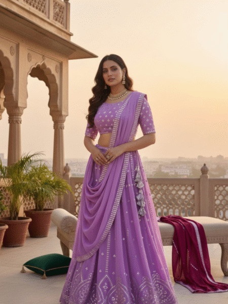 Alluring Lavender Georgette Embroidered Flared Lehenga Choli