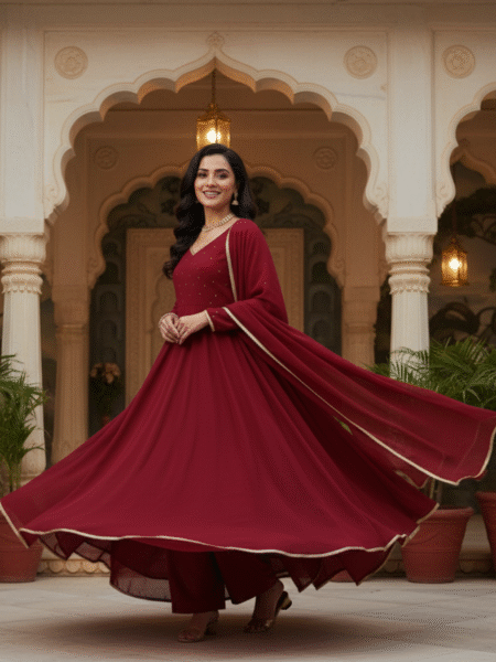 Maroon Georgette 3 Pc Anarkali Set for Karwa Chauth