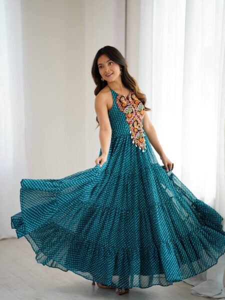 Elegant Green Georgette Digital Printed Flared Gown