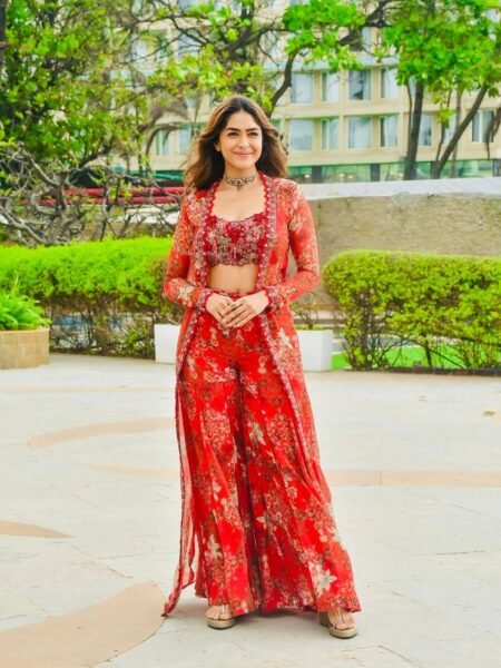 Elegant Tibby Silk Red Sequins Embroidered Shrug With Top & Sharara