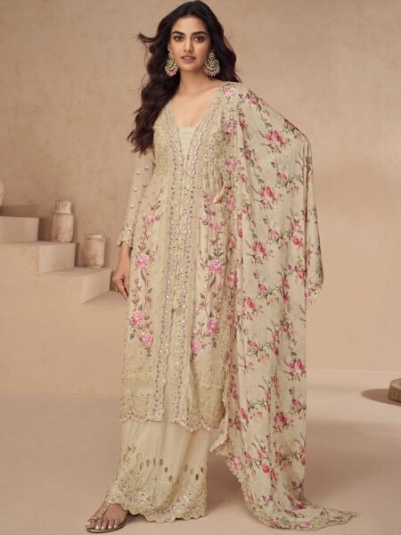 Light Beige Chinon Mirage Suit with Beautiful Embroidery Work for Parties