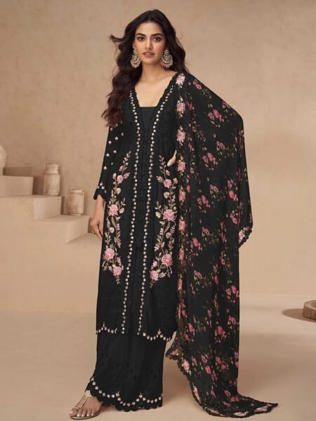 Black Chinon Mirage Suit with Beautiful Embroidery Work for Parties