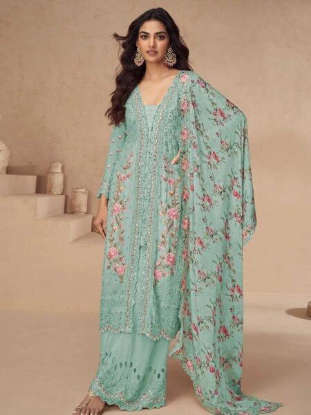 Mint Green Chinon Mirage Suit with Beautiful Embroidery Work for Parties