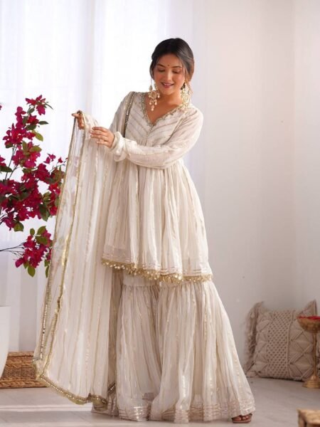 Graceful Off White Chanderi Mirror Work Sharara Set