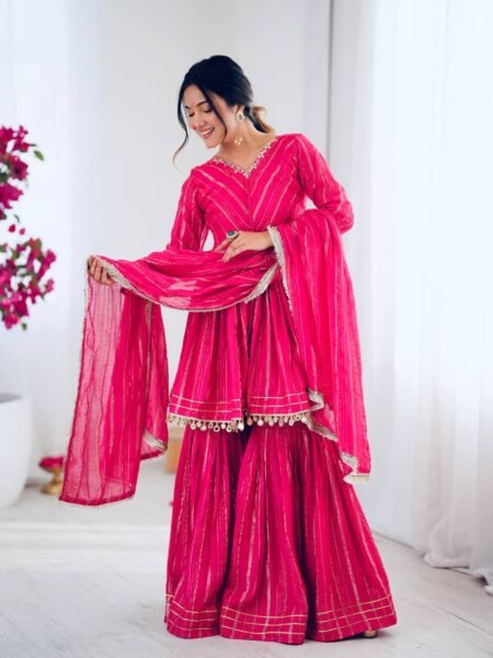Graceful Magenta Mal Chanderi Mirror Work Sharara Set