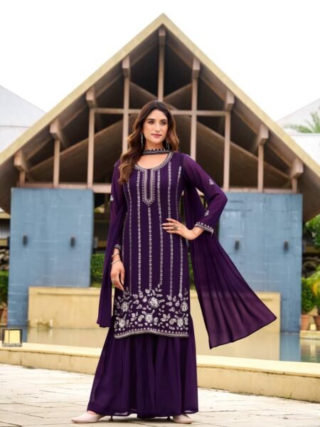 Graceful Purple Georgette Embroidered Sequin Work Sharara Set