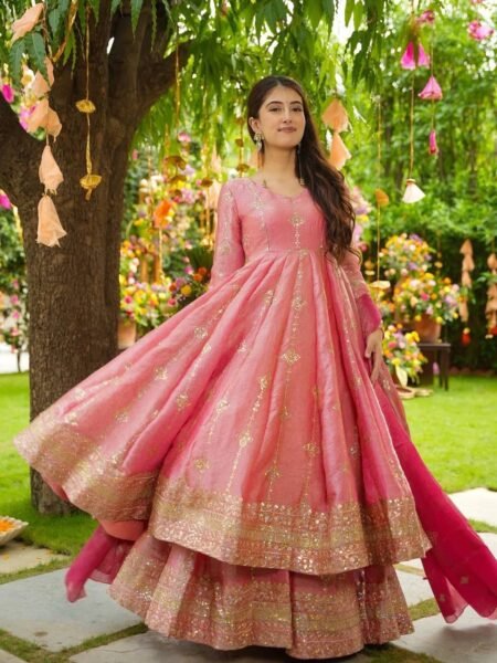Traditional Pink Silk Heavy Embroidered Sequin Work Sharara Set