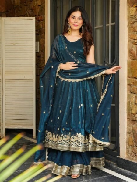 Ethnic Blue Silk Heavy embroidered Sequin Work Sharara Set