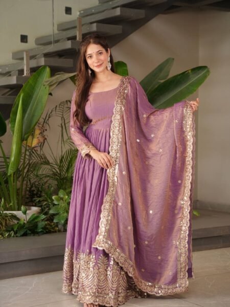Premium Orchid Purple Silk Sequins Embroidery Anarkali Gown