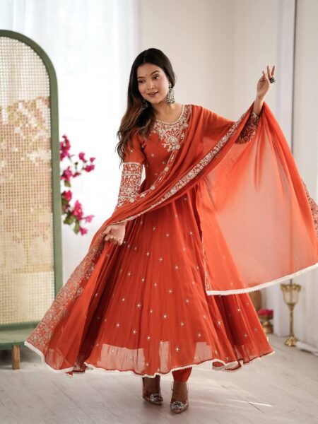 Elegant Saffron Faux Sequin & Moti Work Anarkali Suit