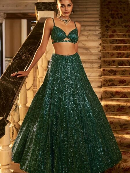 Designer Green Sequin & Dori Embroidery Work Lehenga Choli