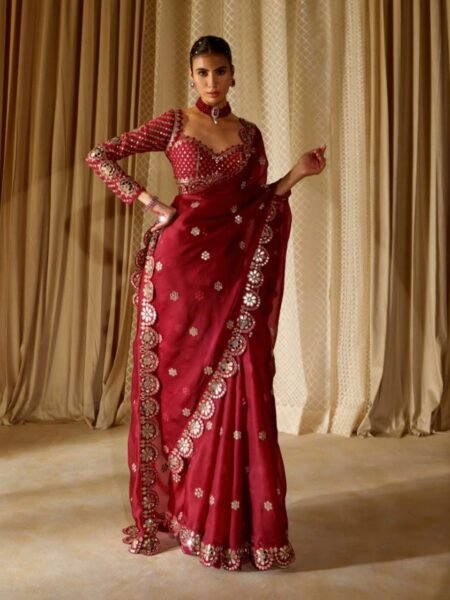 Beautiful Maroon Embroidery with Sequins & Coding Work Saree