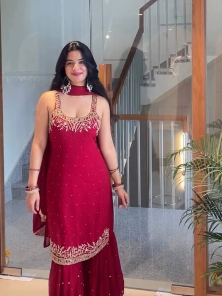 Gorgeous Red  Embroidery & Sequins with Moti Detailing Sharara Set
