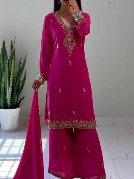 Festive Perfect Pink Georgette Embroidery Sequins & Moti Work Palazzo set