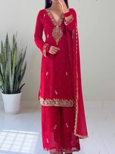 Festive Perfect Red Georgette Embroidery Sequins & Moti Work Palazzo set