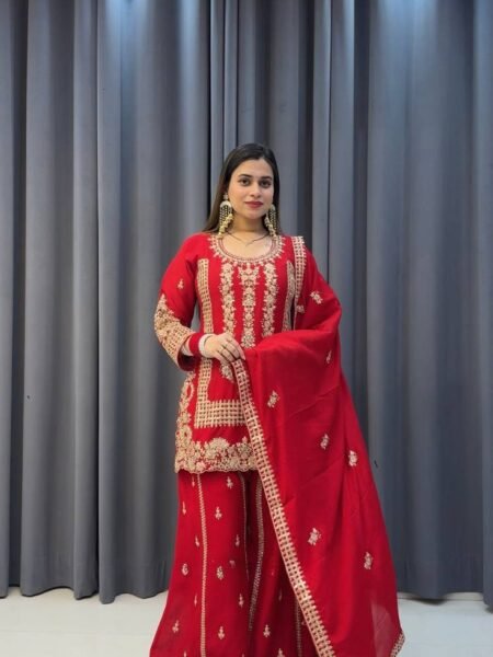 Traditional Red Embroidery Sequins & Cut Work Detailing Palazzo Set