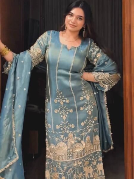 Festive Perfect  Blue Organza Sequin Work Straight Fit Suit