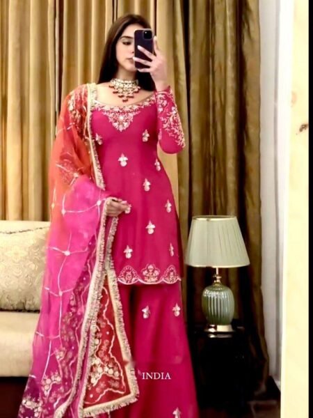 Elegant Pink Chinon Silk with Embroidery & sequin Work Sharara Set