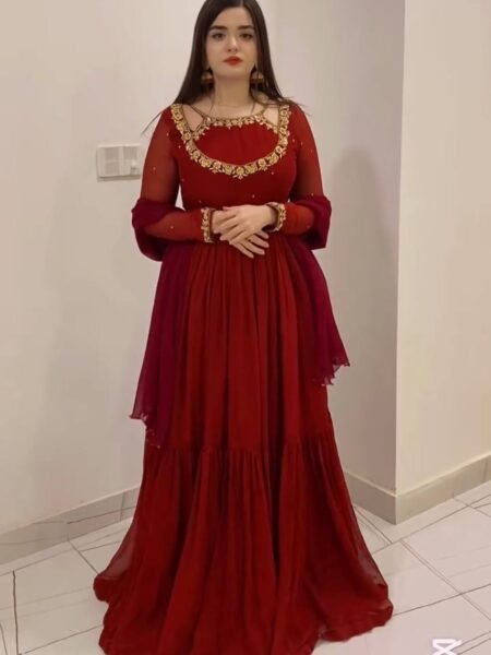 Beautiful Maroon Georgette with Two Layer Ruffles Anarkali Gown