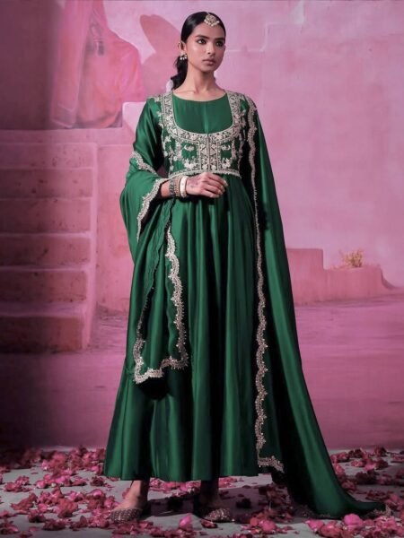 Gorgeous Green Chinon Silk Anarkali Gown With Sequin Work Koti
