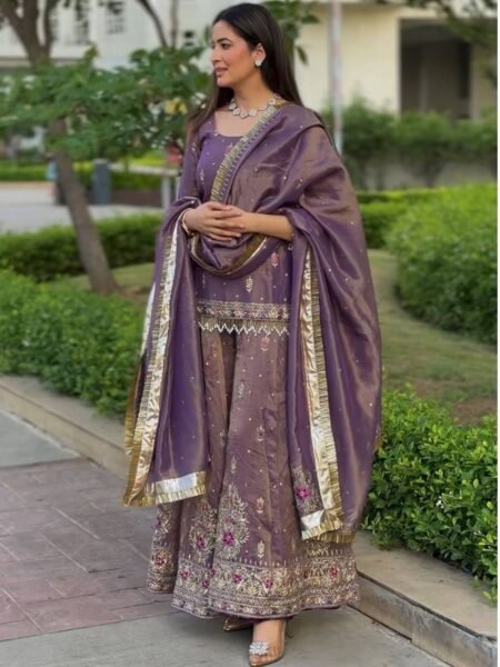 Lovely Purple Gold Net Heavy Embroidery Sequin Work Palazzo Set