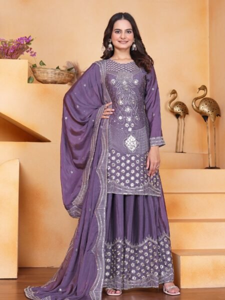 Ethnic Purple Chinon Embroidery Sequin Work Sharara Set