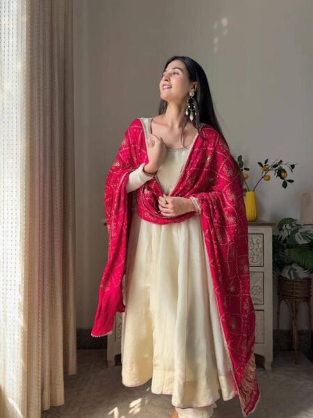 Beautiful Off-White Chinon Anarkali with Palazzo & Printed Lace Border Dupatta