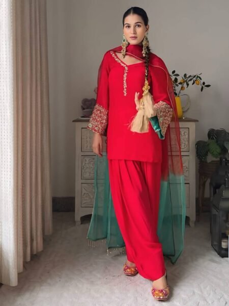 Ethnic Red Georgette Embroidered Suit Set with Lace Border Dupatta