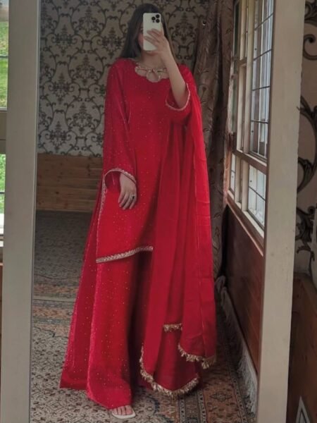 Classic Red Jimmy Choo Embroidered Kurta with Palazzo & Lace Border Dupatta