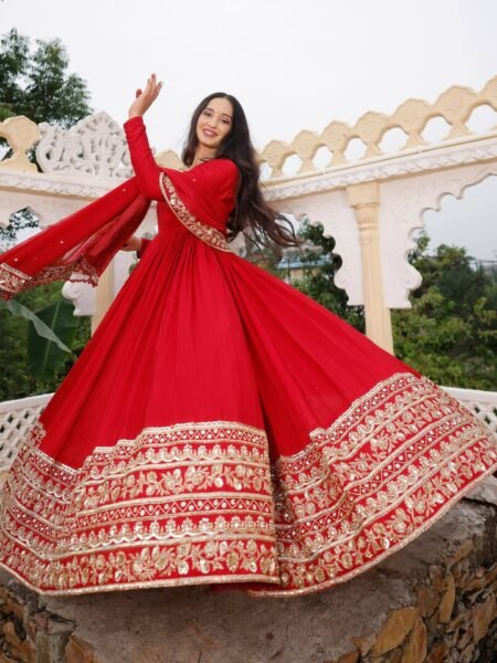 Festive Perfect Red Embroidery Coding Sequin Work Flared Anarkali Gown
