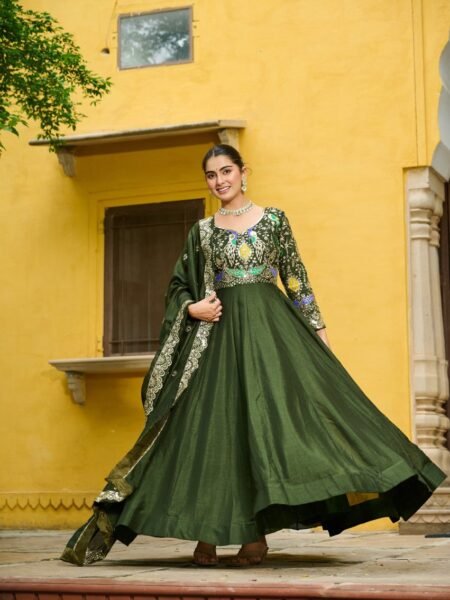 Premium Mehandi Vichitra Silk Gown & Dupatta with Zari Embroidery
