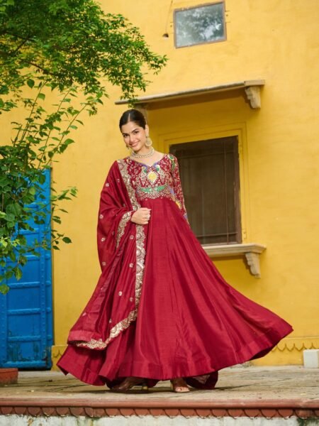 Premium Maroon Vichitra Silk Gown & Dupatta with Zari Embroidery