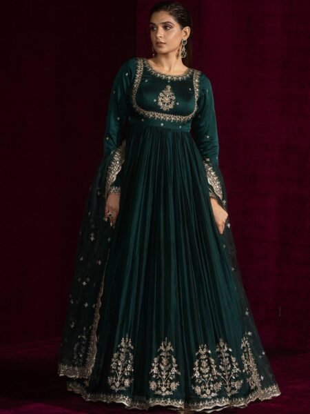 Designer Teal Green Thread with Sequin Embroidery Anarkali Gown