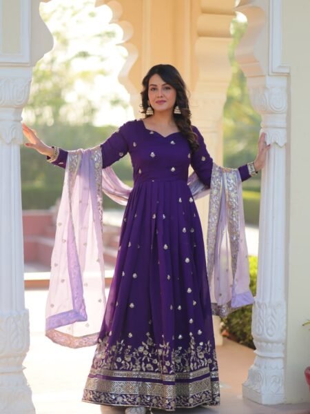 Elegant Georgette Gown with Zari & Sequins Embroidery with Lace Border Dupatta