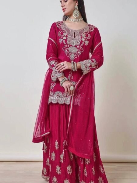 Ethnic Magenta Chinon Silk Embroidered with Sequin Work Palazzo Set