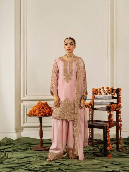 Designer Baby Pink Chinon Silk Embroidered Sequin & Moti Work Palazzo Set
