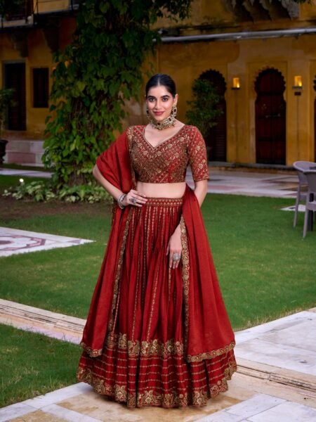 Elegant Rust Orange Embroidered Sequins & Thread Work Lehenga Choli