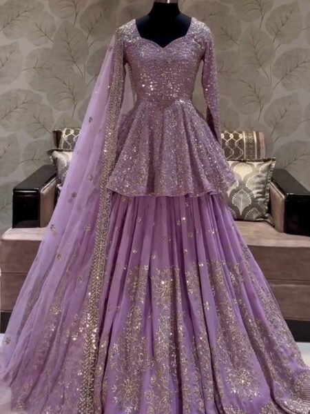 Premium Lavender Georgette Heavy Embroidery Sequins Work Lehenga Set