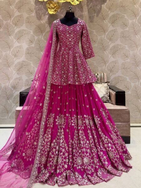 Premium Magenta Georgette Heavy Embroidery Sequins Work Lehenga Set