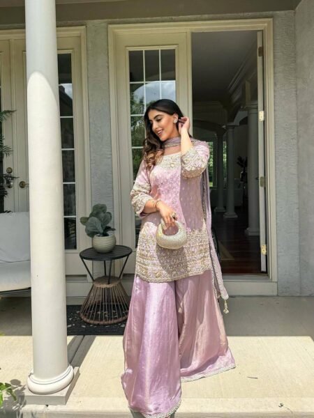 Premium Baby Pink Cosmos  Silk Sequin & Zari Work Palazzo Set