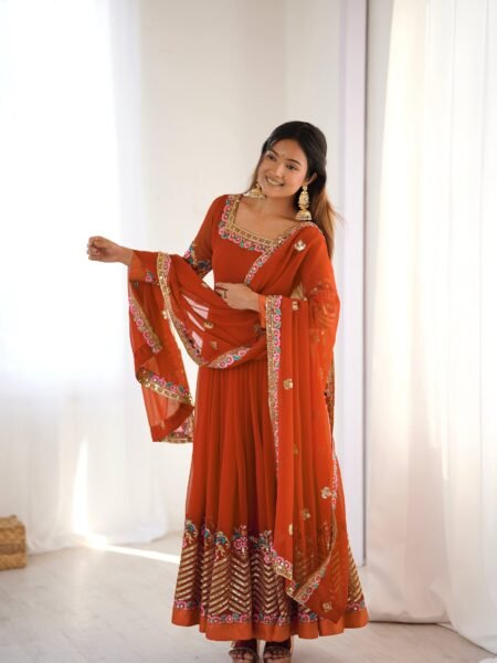 Elegant Rust Orange Georgette Thread & Sequins Embroidery Anarkali Gown