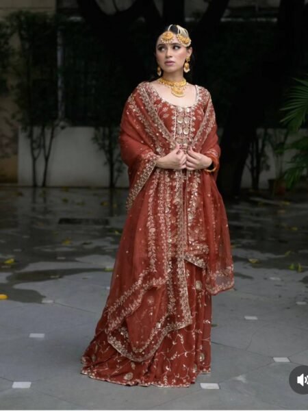 Lavish Georgette Rust Orange Heavy Embroidered Sharara Set