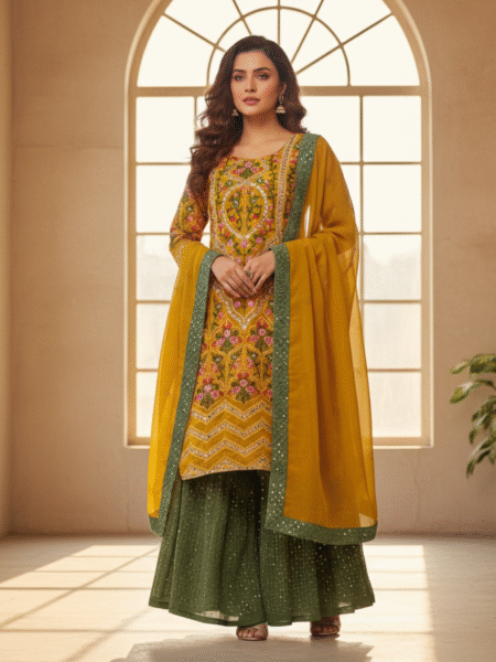Yellow Heavy Sequins & Mirror Embroidered Kurta Palazzo Set for Weddings