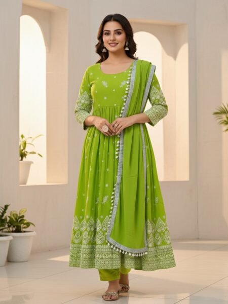 Parrot Green 3 Pc Chikankari Anarkali Set for Gatherings