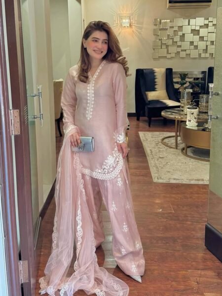 Baby Pink Roman Silk Embroidered Sequence Farshi Suit Set