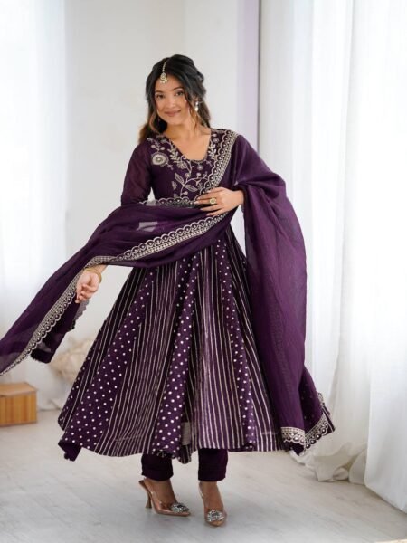 Falak Embroidered Purple Crunchy Silk Flared Anarkali Set