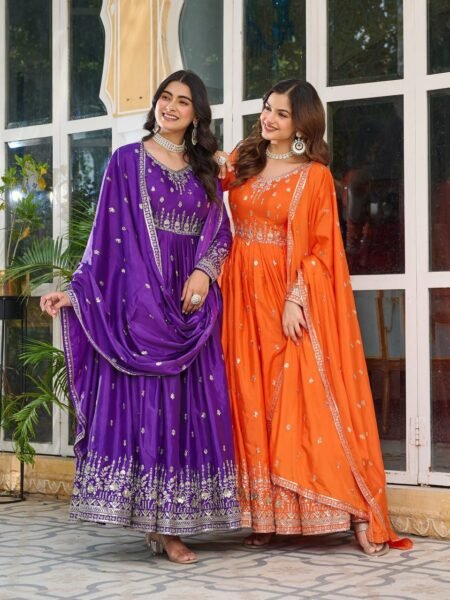 Ambarika Orange and Purple Embroidered Anarkali set in American Silk