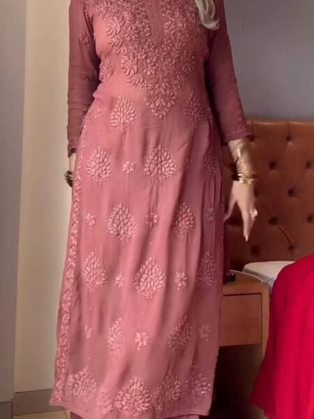 Comfortable Georgette Light Brown Handwork & Embroidered Kurta Palazzo Set
